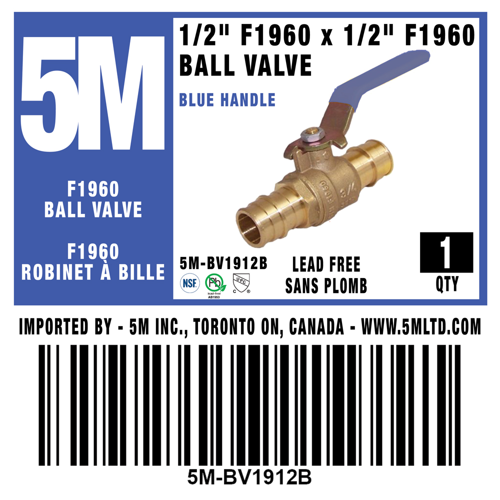 5M - BLUE 1/2" F1960 PEX BALL VALVE - 5M-BV1912B