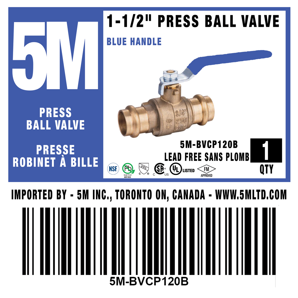 5M- BLUE 1-1/2" Press Ball Valve LF  - 5M-BVCP150B