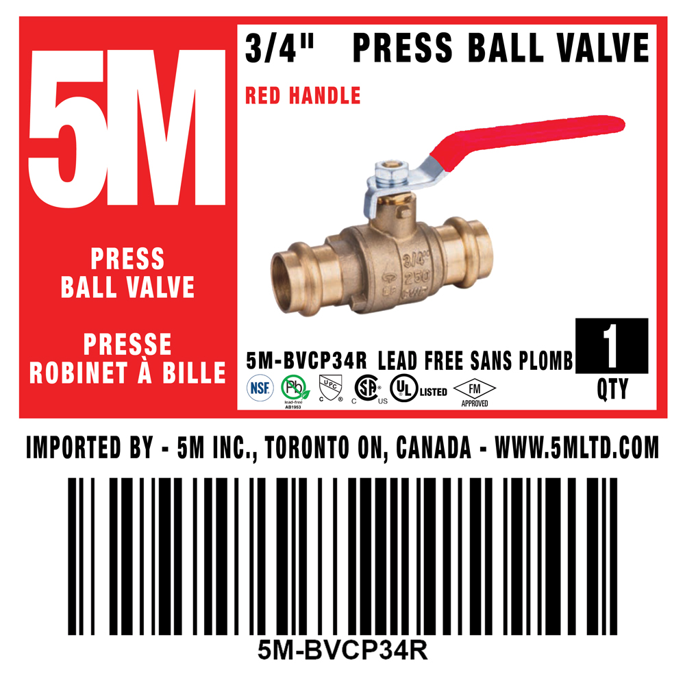 5M- RED 3/4" Press Ball Valve LF  - 5M-BVCP340R
