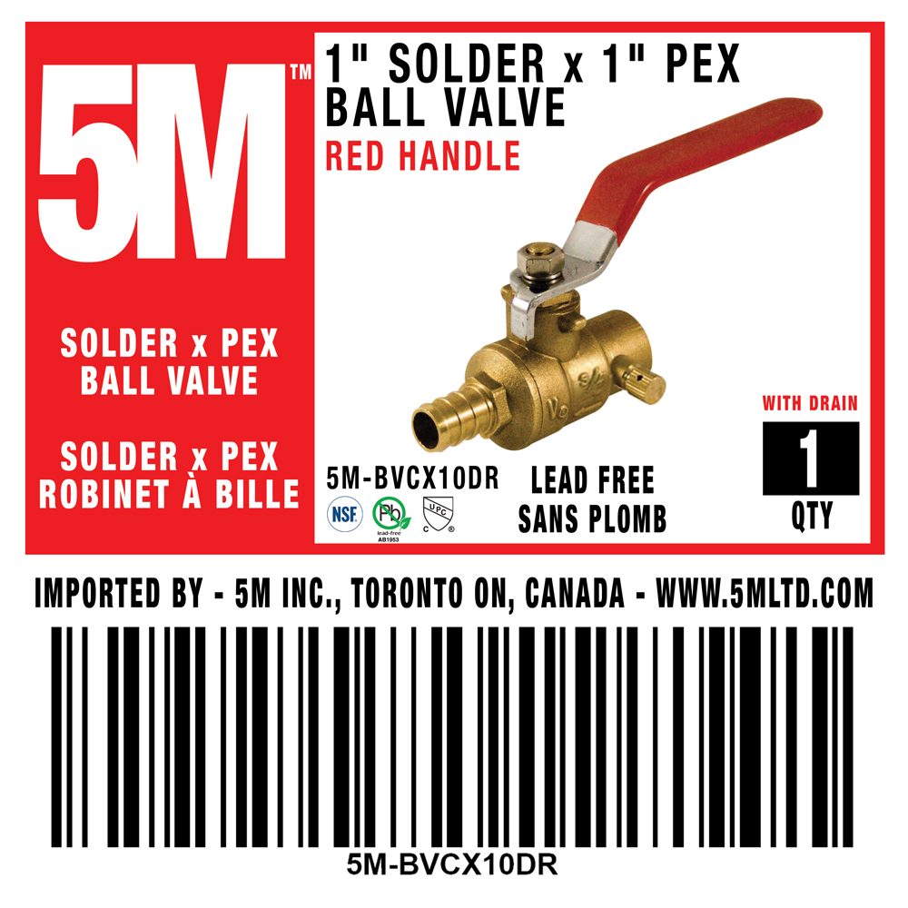 5M - BALL VALVE 1" FULL PORT SOLDER x PEX WITH DRAIN LEAD FREE - 5M-BVCX10DR