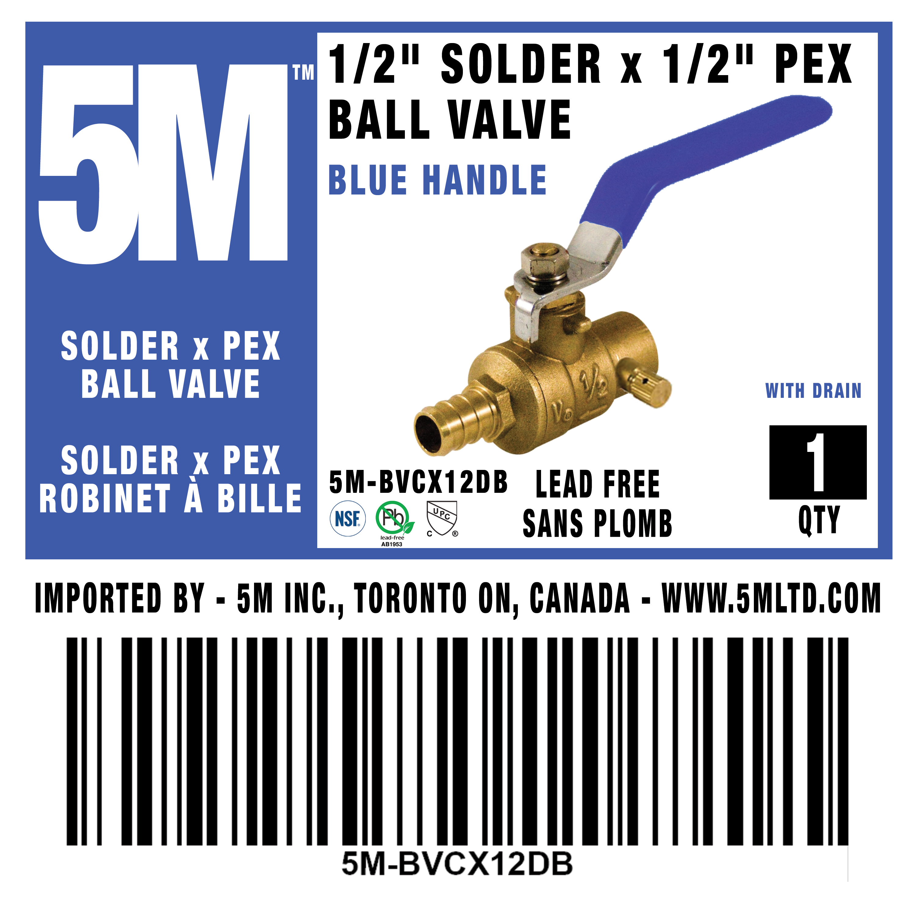 5M - BALL VALVE 1/2 FULL PORT SOLDER x PEX WITH DRAIN LEAD FREE - 5M-BVCX12DB