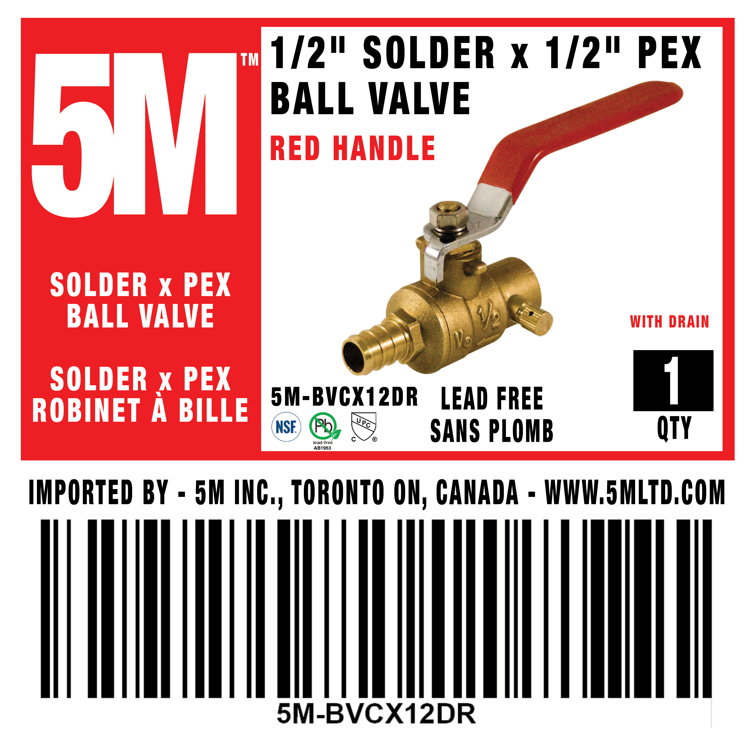 5M - BALL VALVE 1/2 FULL PORT SOLDER x PEX WITH DRAIN LEAD FREE - 5M-BVCX12DR