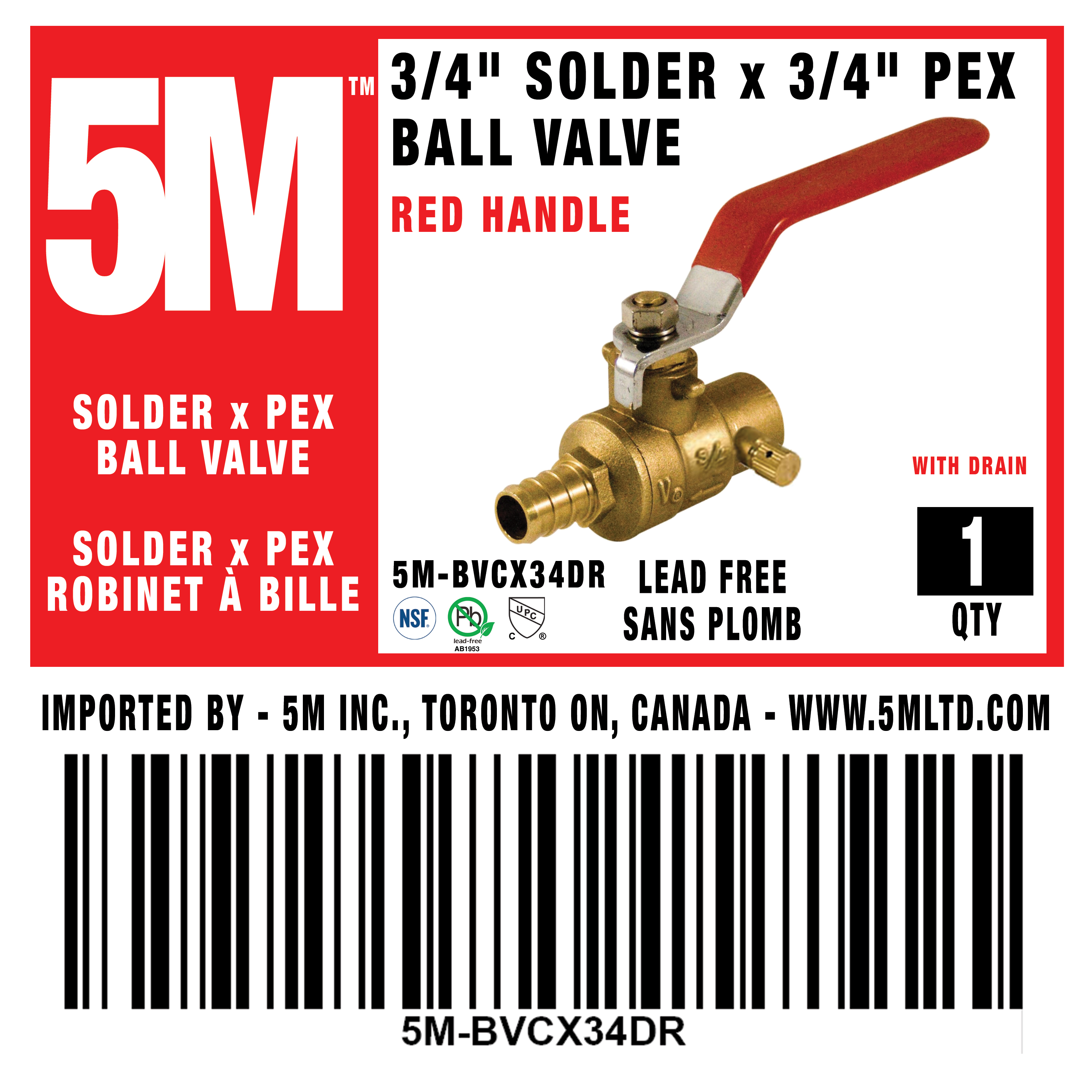 5M - BALL VALVE 3/4 FULL PORT SOLDER x PEX WITH DRAIN LEAD FREE - 5M-BVCX34DR