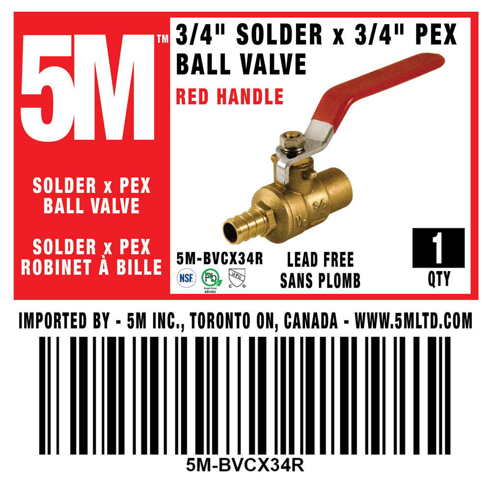 5M - RED BALL VALVE 3/4 FULL PORT SOLDER x PEX LEAD FREE - 5M-BVCX34R