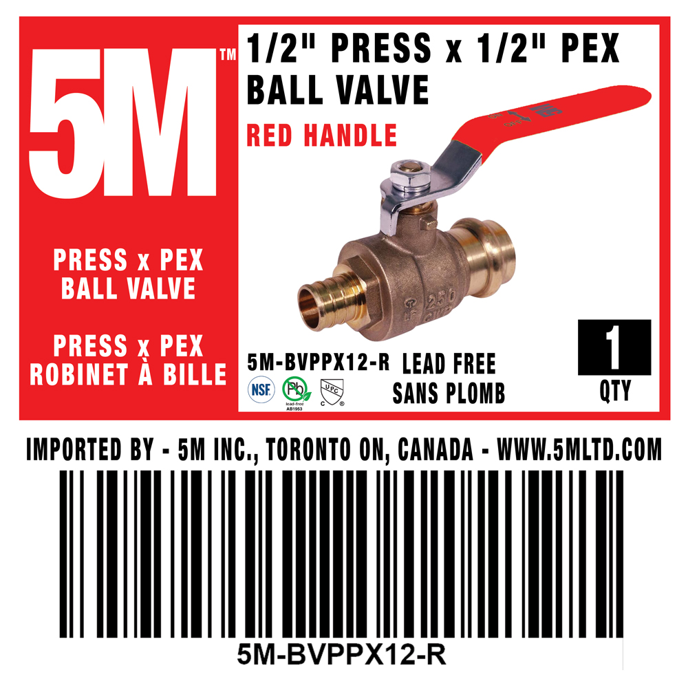 5M - 1/2" PRESS x PEX   BALL VALVE  - RED - 5M-BVPPX12-R