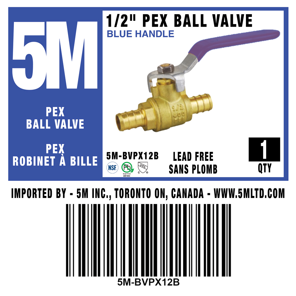 5M- BLUE PEX BALL VALVE LEAD FREE 1/2" X 1/2" -5M-BVPX12B