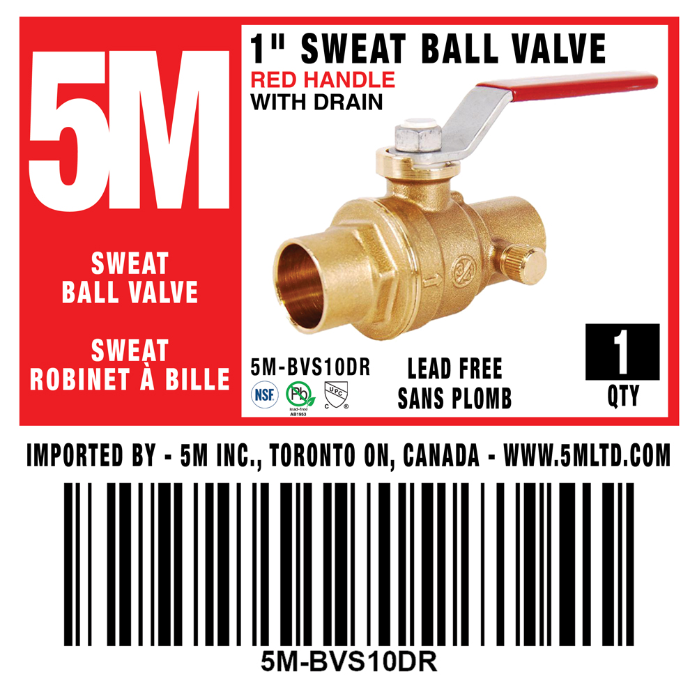 5M- 1" SWEAT BALL VALVE LEAD FREE WITH DRAIN - REDE HANDLE- 5M-BVS10DR