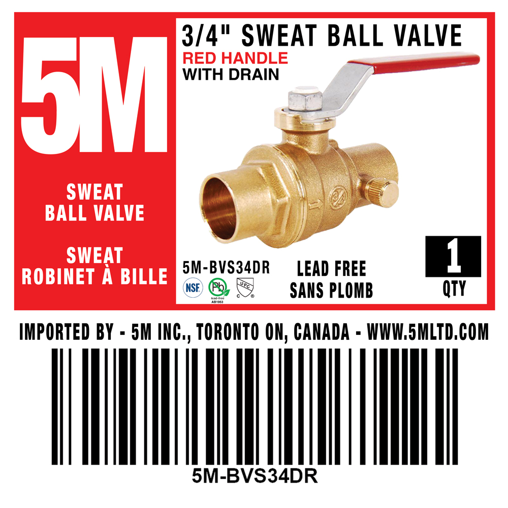 5M- 3/4" SWEAT BALL VALVE LEAD FREE WITH DRAIN  - RED HANDLE -5M-BVS34DR