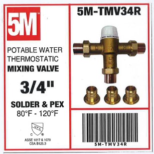 5M - Potable Water Thermostatic Mixing Valve 3/4" with Solder and PEX adapters- 5M-TMV34R